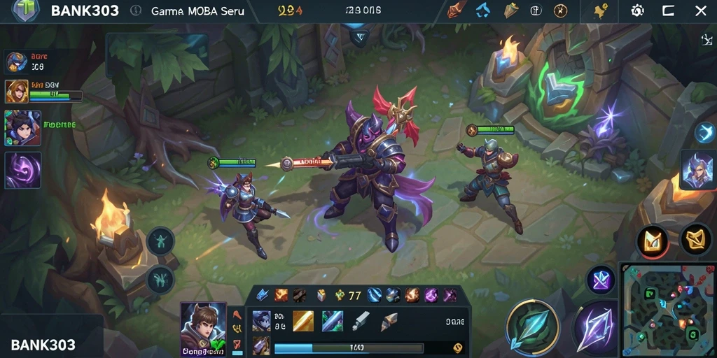 Screenshot BANK303 menampilkan aksi pertarungan seru di arena MOBA.