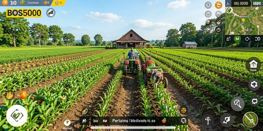 Tampilan gameplay seru di BOS5000 dengan berbagai aktivitas bertani.