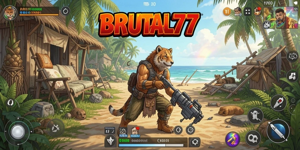 Tampilan gameplay menarik dari BRUTAL77 yang penuh warna.