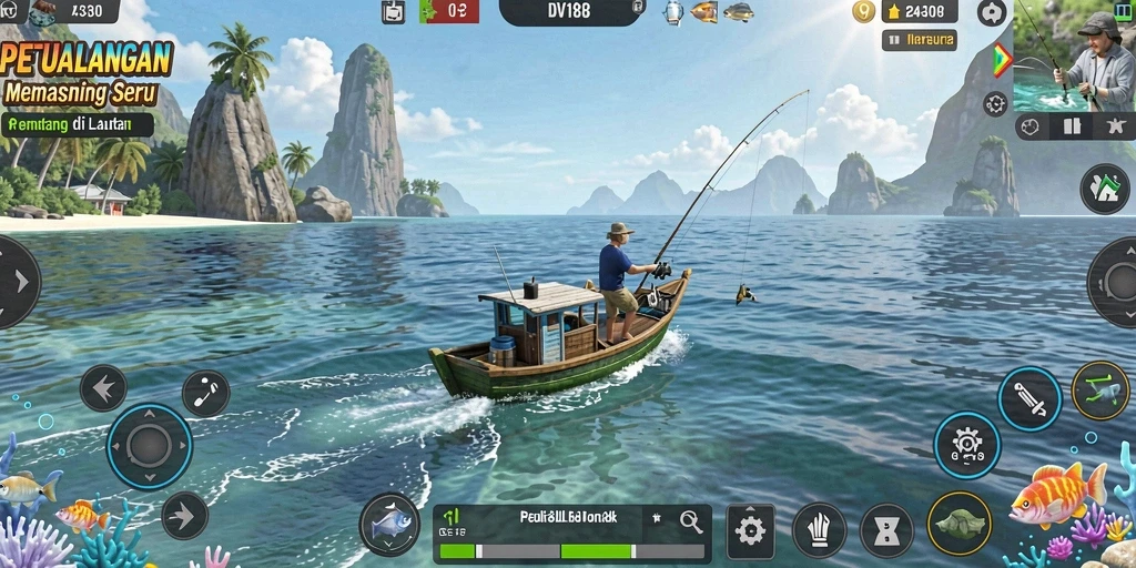 Screenshot menunjukkan gameplay memancing yang mendebarkan di DV188.