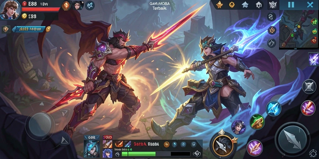 Screenshot utama E88 menampilkan aksi pertempuran MOBA yang menegangkan.