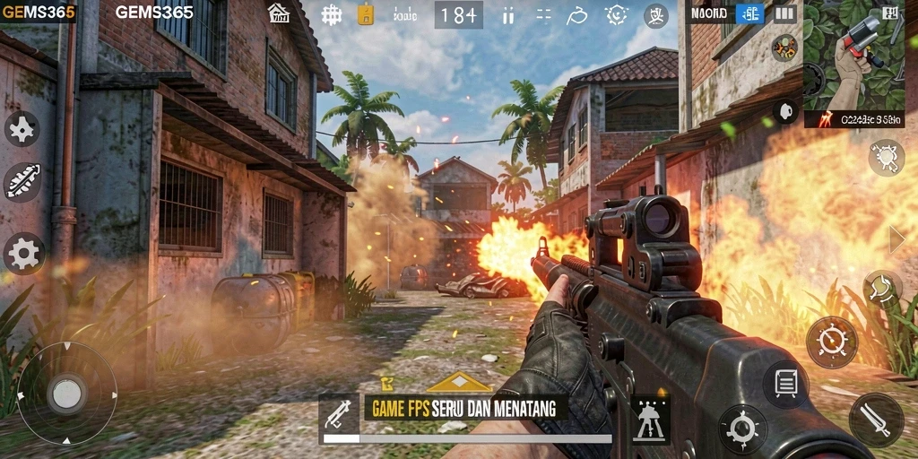 Screenshot GEMS365 menampilkan aksi intens dalam pertempuran FPS.