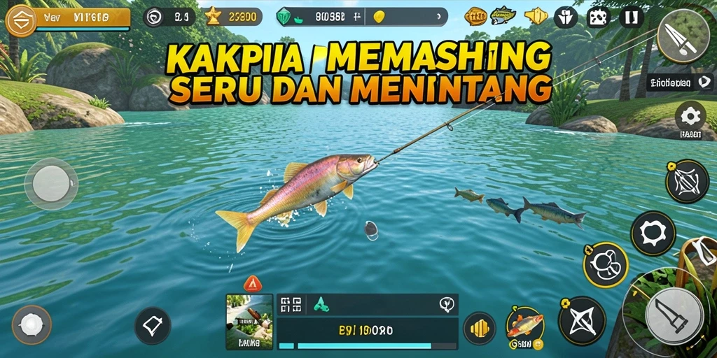 Screenshot gameplay KAKRP menunjukkan aksi menangkap ikan yang mendebarkan.