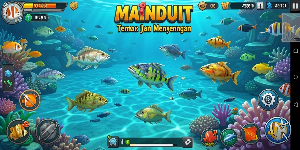 Screenshot gameplay MAINDUIT yang penuh aksi menembak ikan.