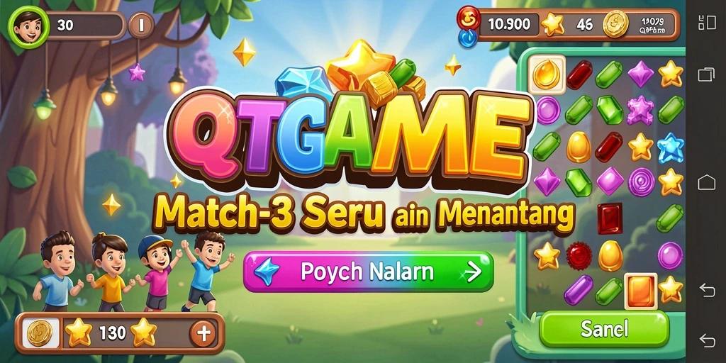 Tangkapan layar gameplay QTGAME dengan elemen toss, match, dan power-up.