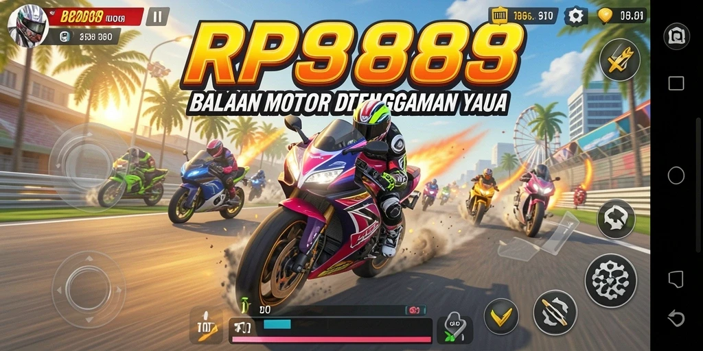 Screenshot utama RP888 menampilkan aksi balapan motor yang mendebarkan.
