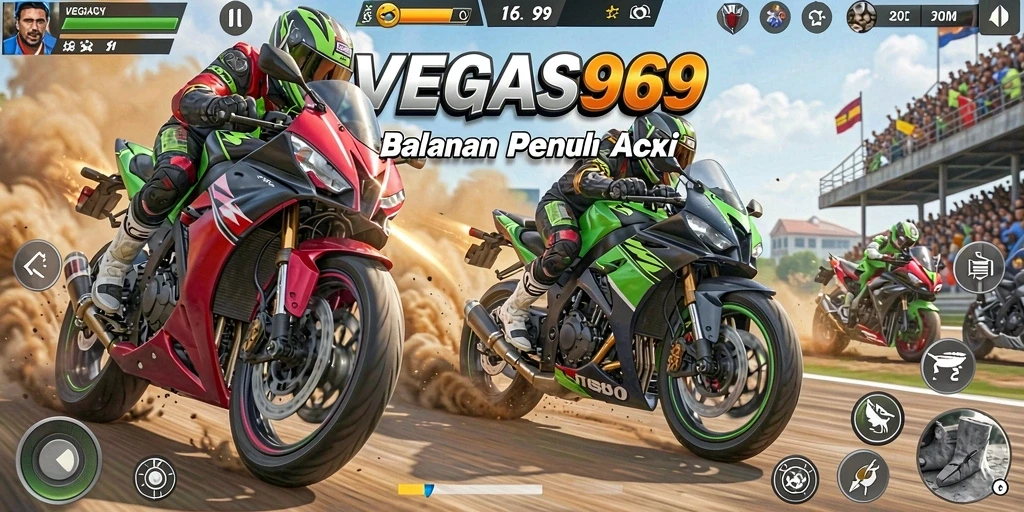 Tangkapan layar gameplay balapan motor yang seru dan mendebarkan.